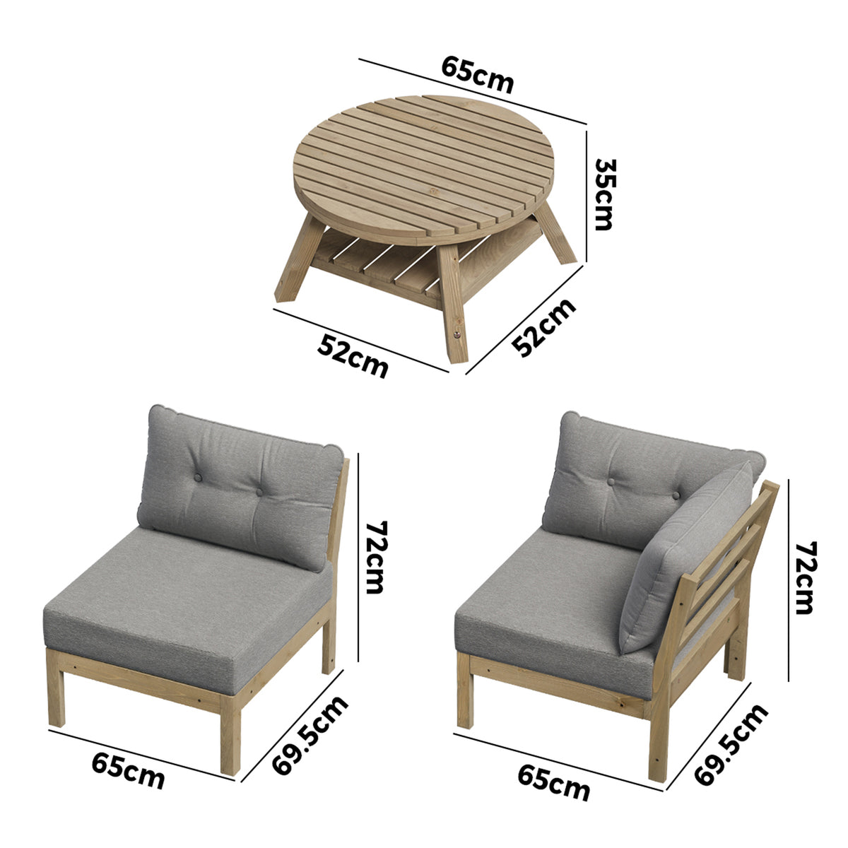 Livsip 3 Seater Outdoor Sofa Set Wooden Lounge Setting Patio Furniture Grey