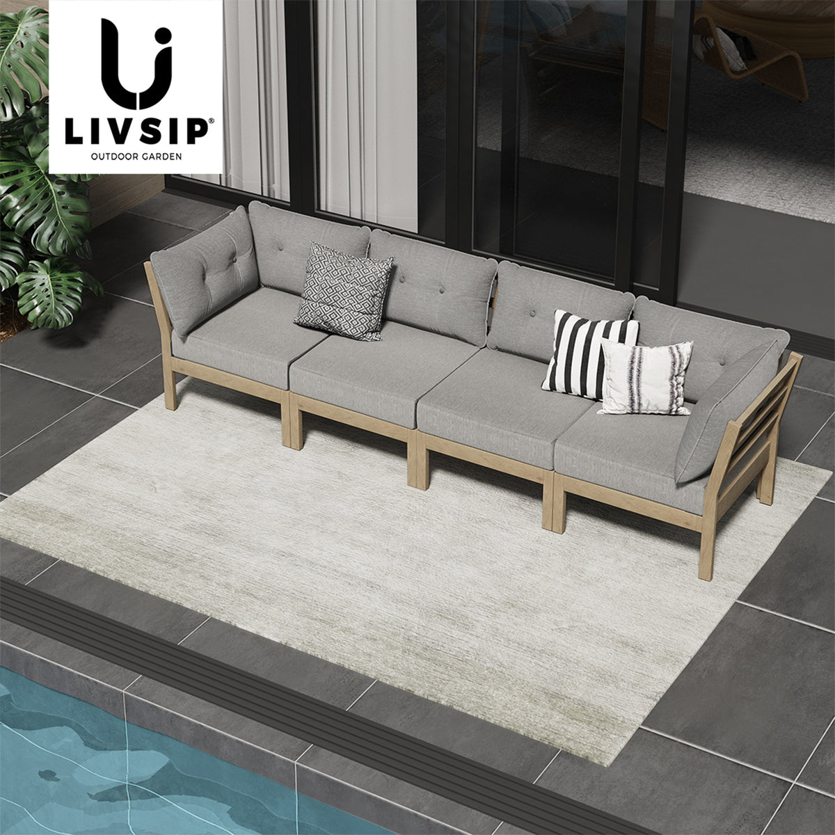 Livsip 4PCS Outdoor Sofa Set Wooden Modular Lounge Setting Patio Furniture Grey