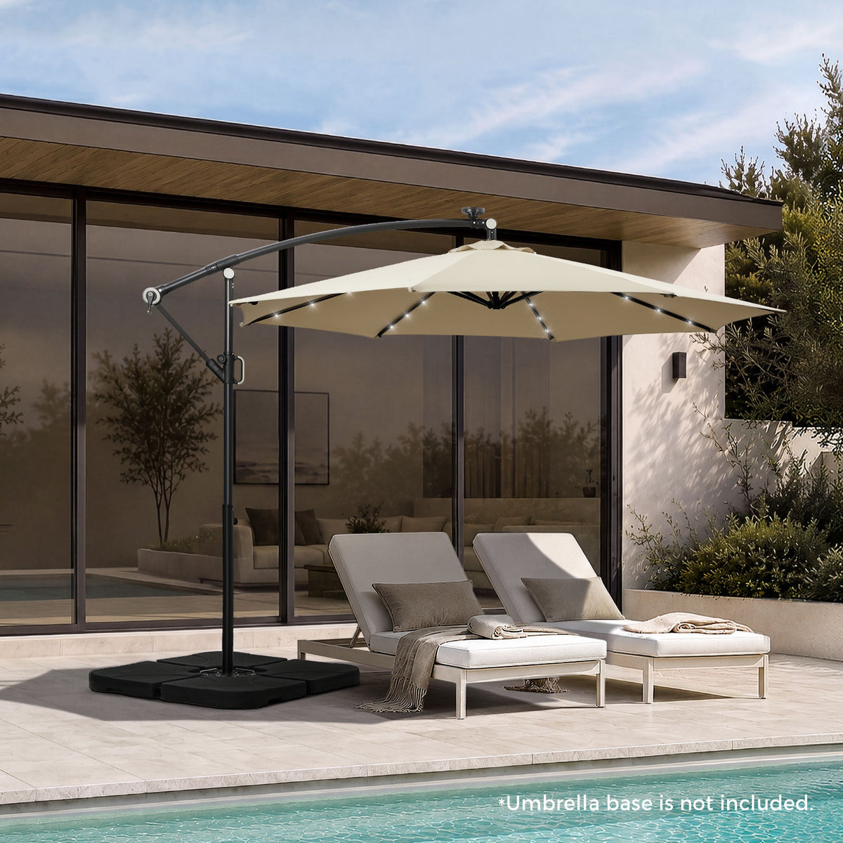 Livsip Outdoor Umbrella 3M Cantilever Garden Shade Rotatable w/ 32-LED Beige