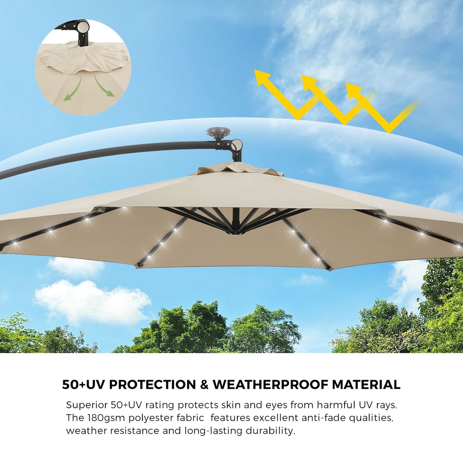 Livsip Outdoor Umbrella 3M Cantilever Garden Shade Rotatable w/ 32-LED Beige