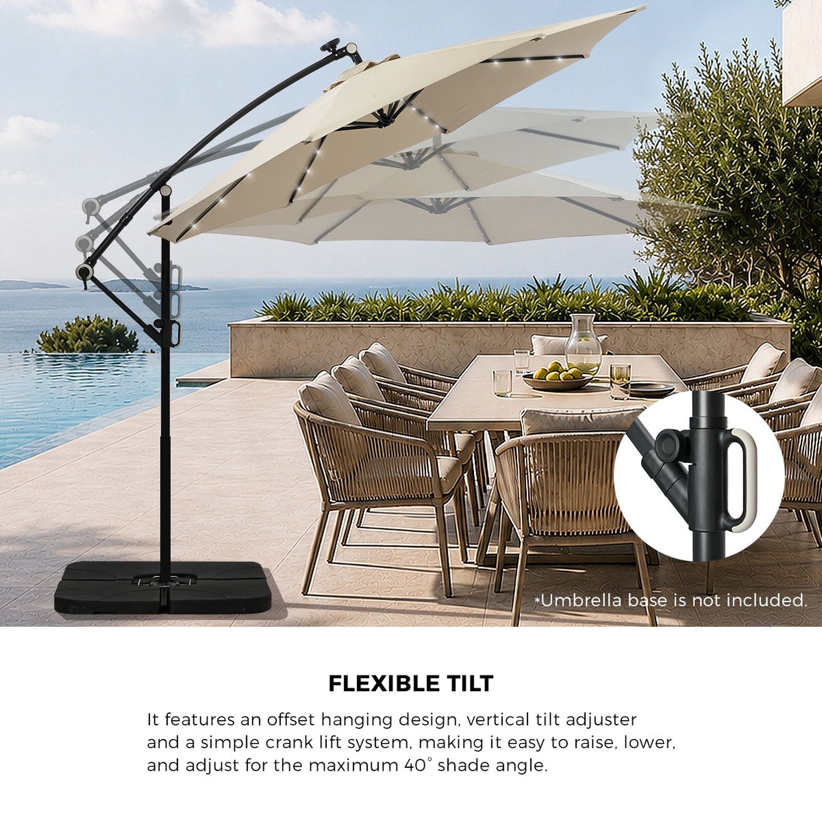 Livsip Outdoor Umbrella 3M Cantilever Garden Shade Rotatable w/ 32-LED Beige