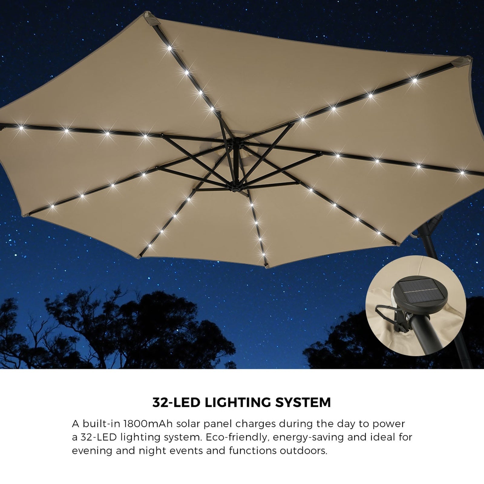 Livsip Outdoor Umbrella 3M Cantilever Garden Shade Rotatable w/ 32-LED Beige