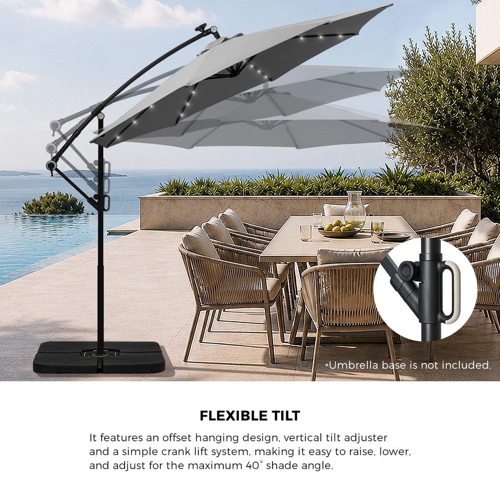 Livsip Outdoor Umbrella 3M Cantilever Garden Shade Rotatable with String Light