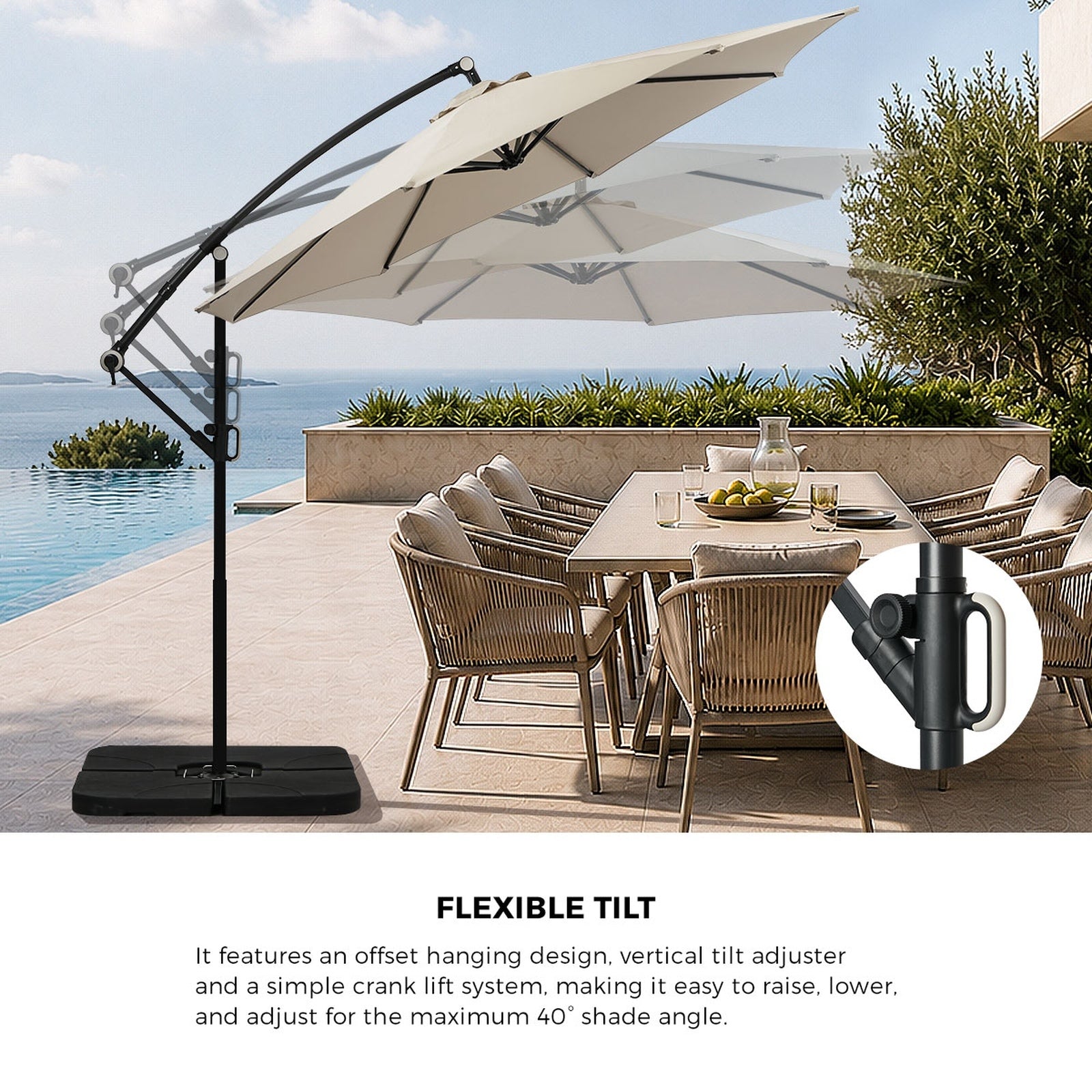 Livsip Outdoor Umbrella 3M Cantilever Garden Shade 360° Rotation w/ Base