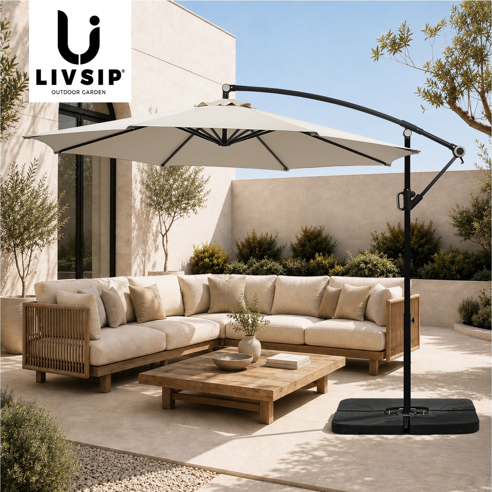 Livsip Outdoor Umbrella 3M Cantilever Garden Shade 360° Rotation w/ Base