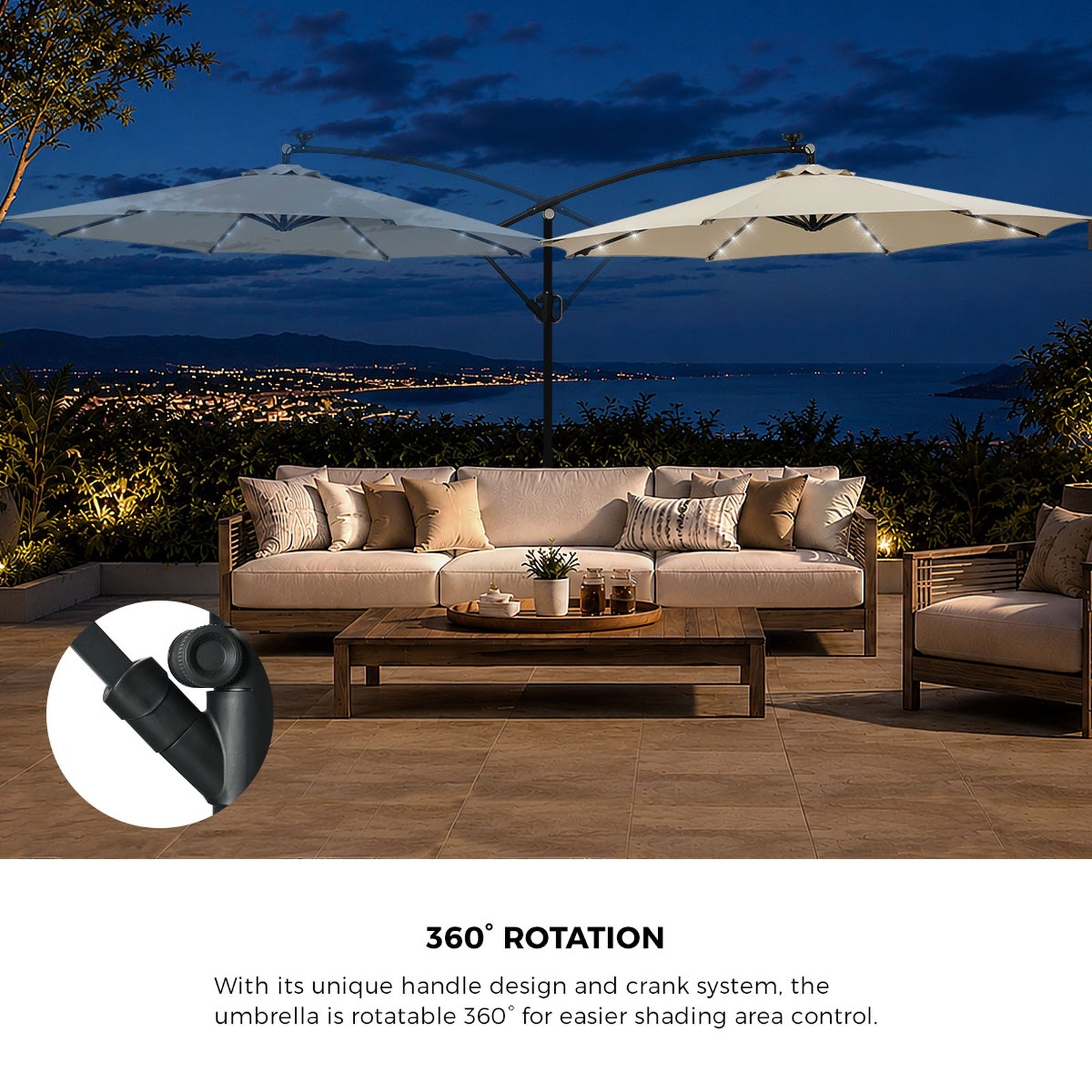 Livsip Outdoor Umbrella Cantilever Garden Shade Rotatable w/ 32-LED Beige Base