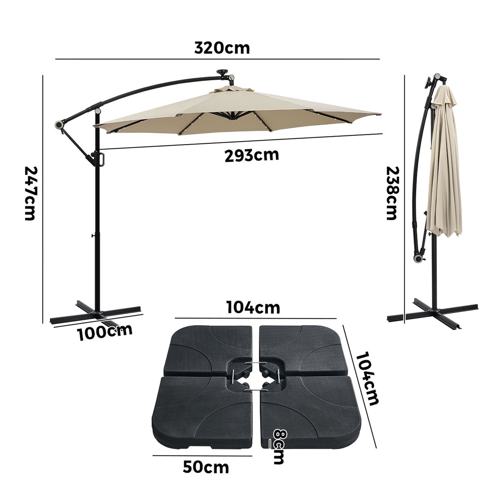 Livsip Outdoor Umbrella Cantilever Garden Shade Rotatable w/ 32-LED Beige Base