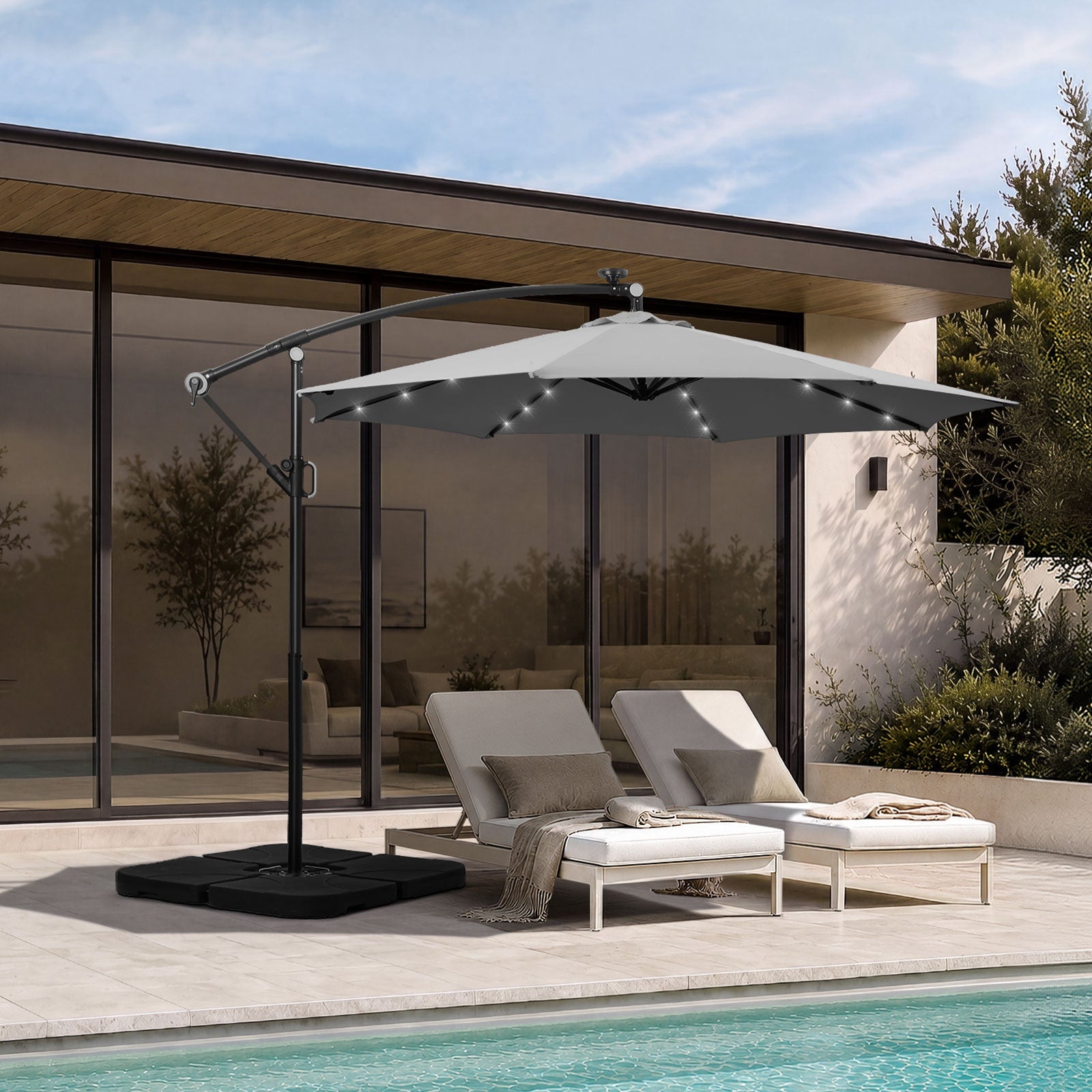 Livsip Outdoor Umbrella 3M Cantilever Garden Shade Rotatable with 32-LED Base
