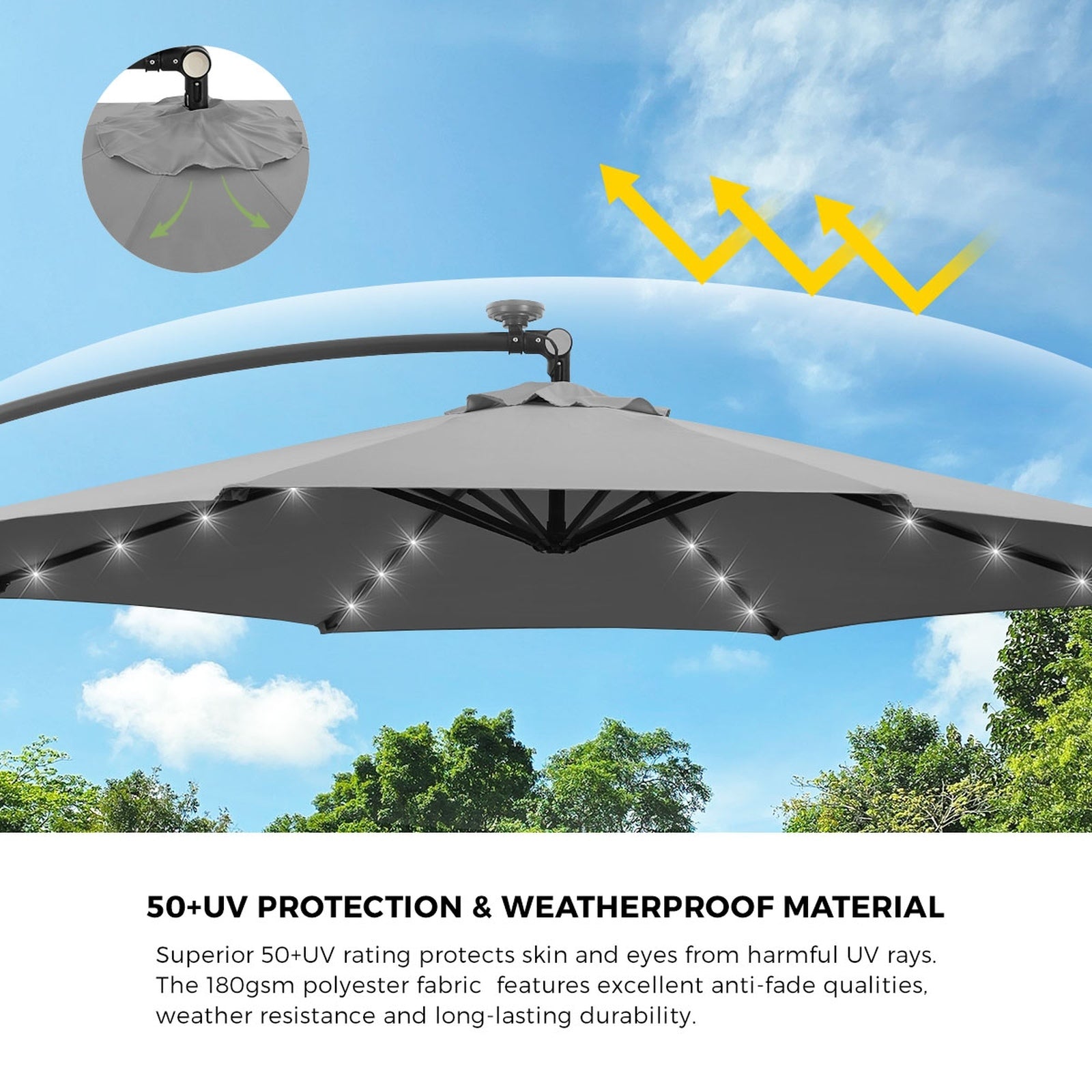 Livsip Outdoor Umbrella 3M Cantilever Garden Shade Rotatable with 32-LED Base