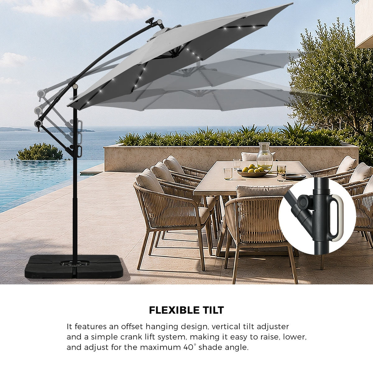 Livsip Outdoor Umbrella 3M Cantilever Garden Shade Rotatable with 32-LED Base