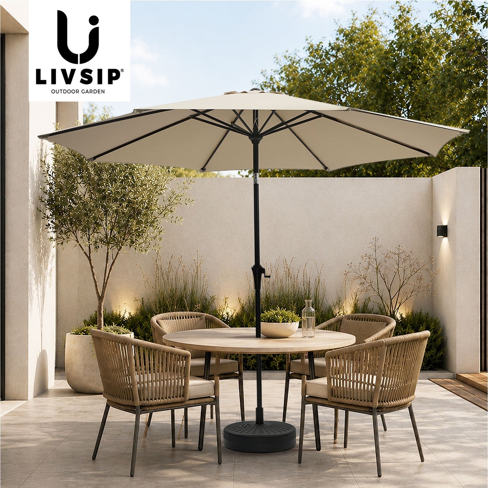Livsip Outdoor Umbrella 3M Market Umbrellas Garden Shade with Tilt Base Beige