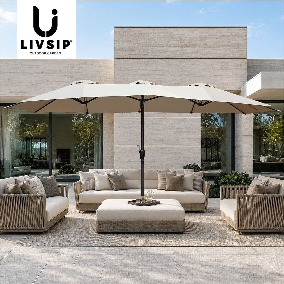 Livsip Outdoor Umbrella 4.52M Double-Sided Umbrellas Garden Shade w/ Base Beige