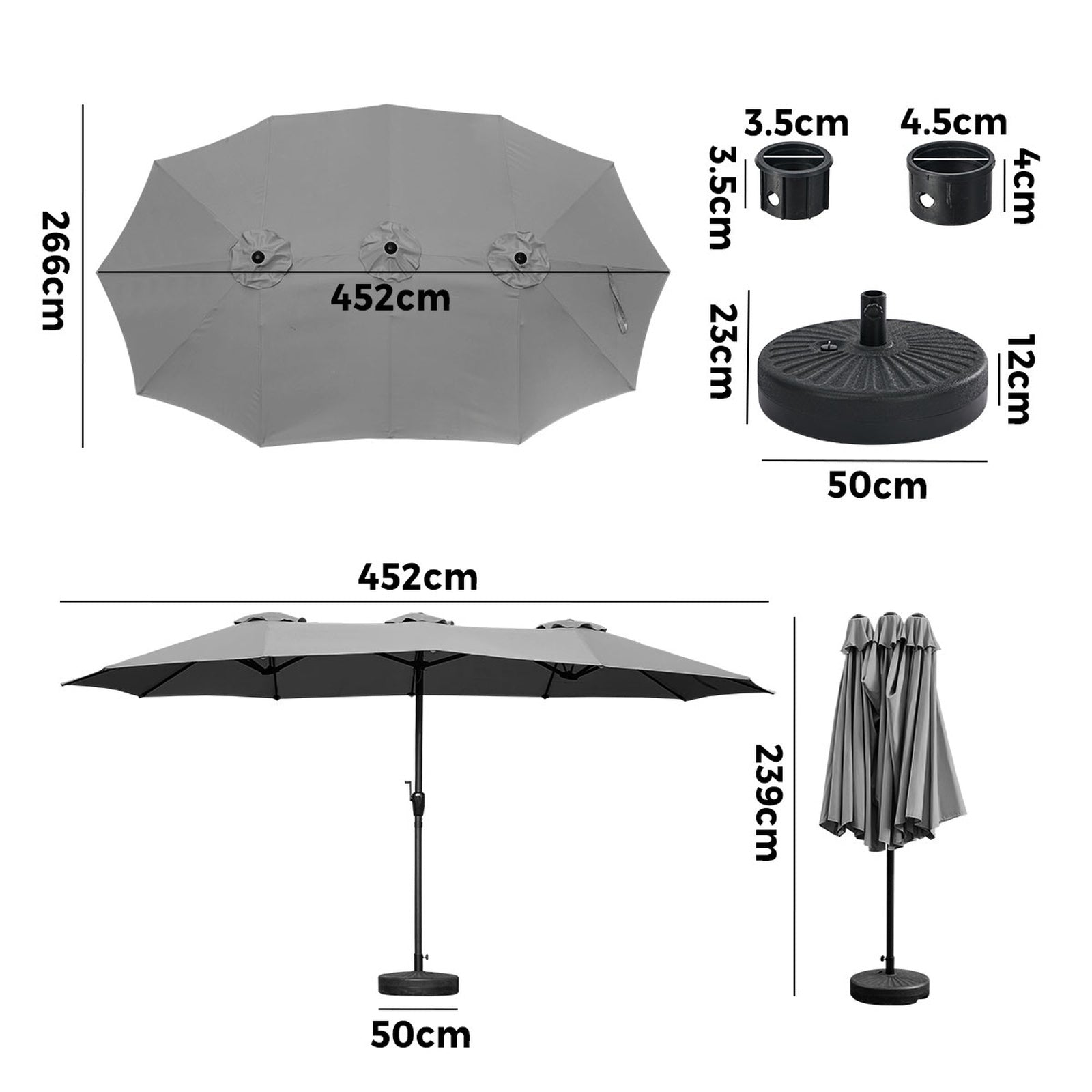 Livsip Outdoor Umbrella 4.52M Double-Sided Garden Shade with Base Charcoal