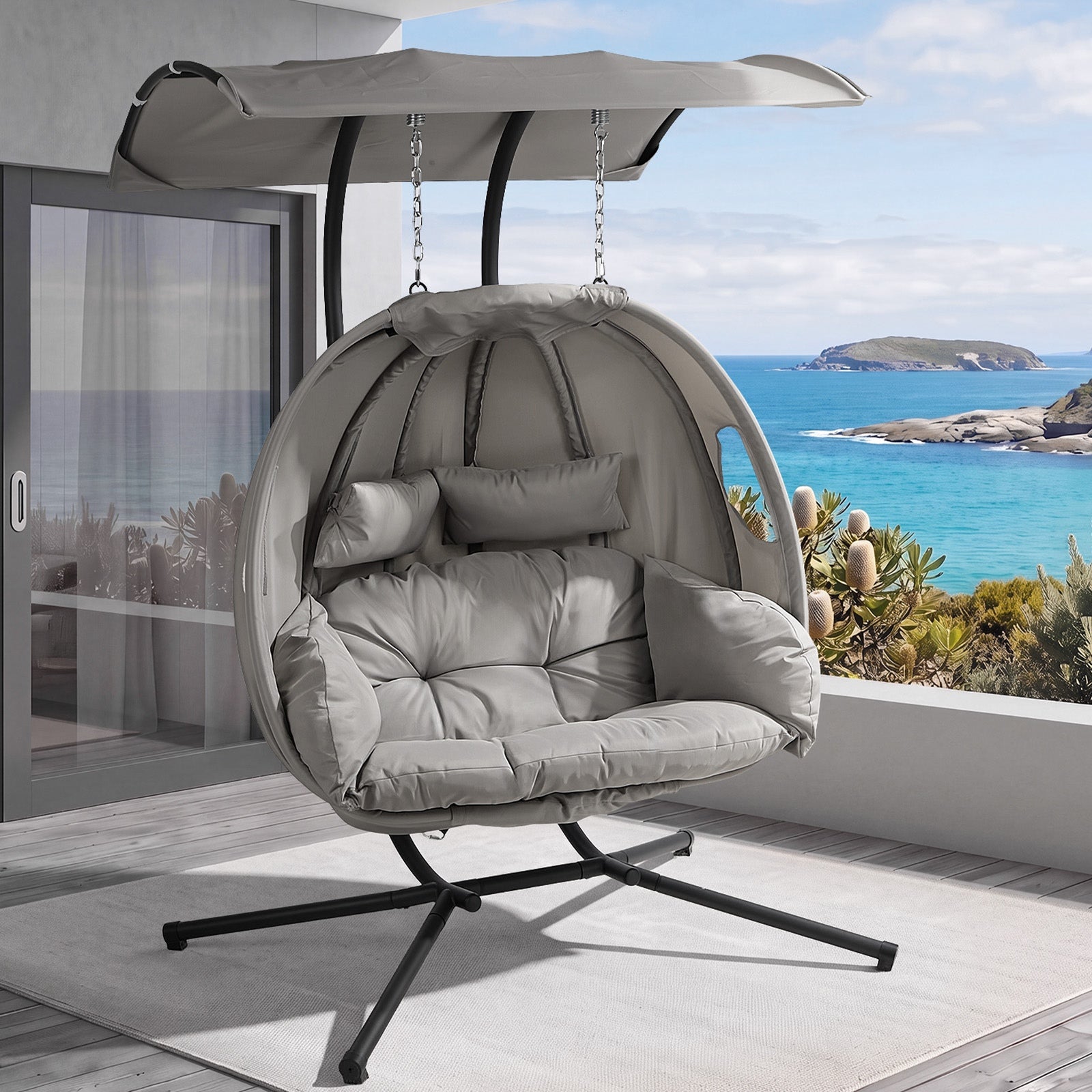 Livsip Egg Swing Chair 2 Seater Patio Lounge with Adjustable Canopy Grey
