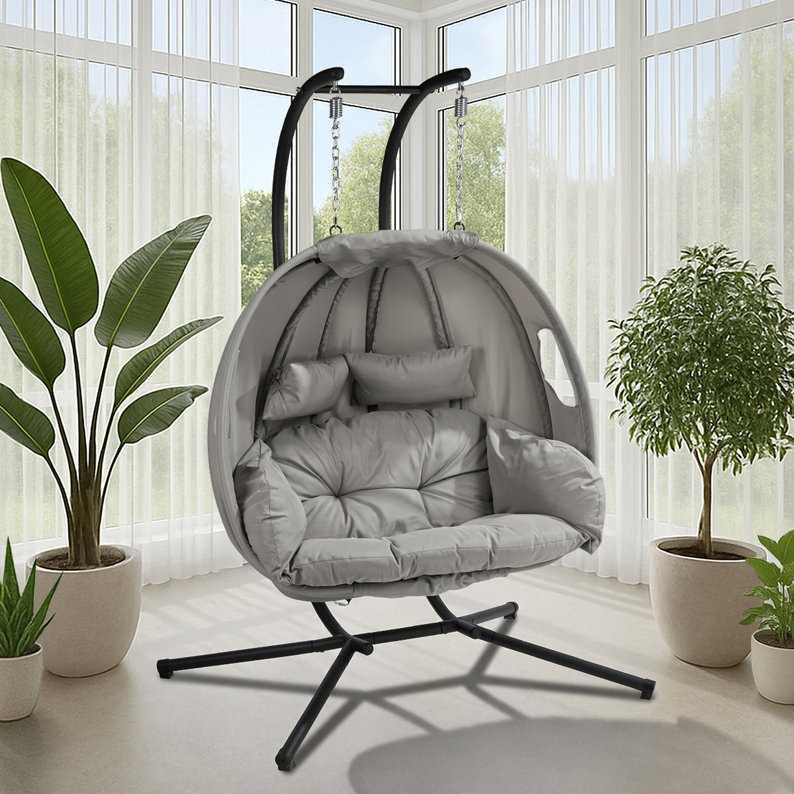 Livsip Egg Swing Chair 2 Seater Patio Lounge with Adjustable Canopy Grey