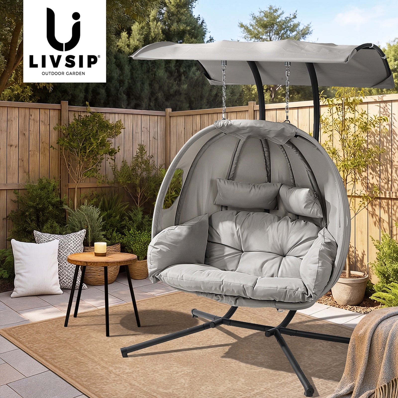 Livsip Egg Swing Chair 2 Seater Patio Lounge with Adjustable Canopy Grey