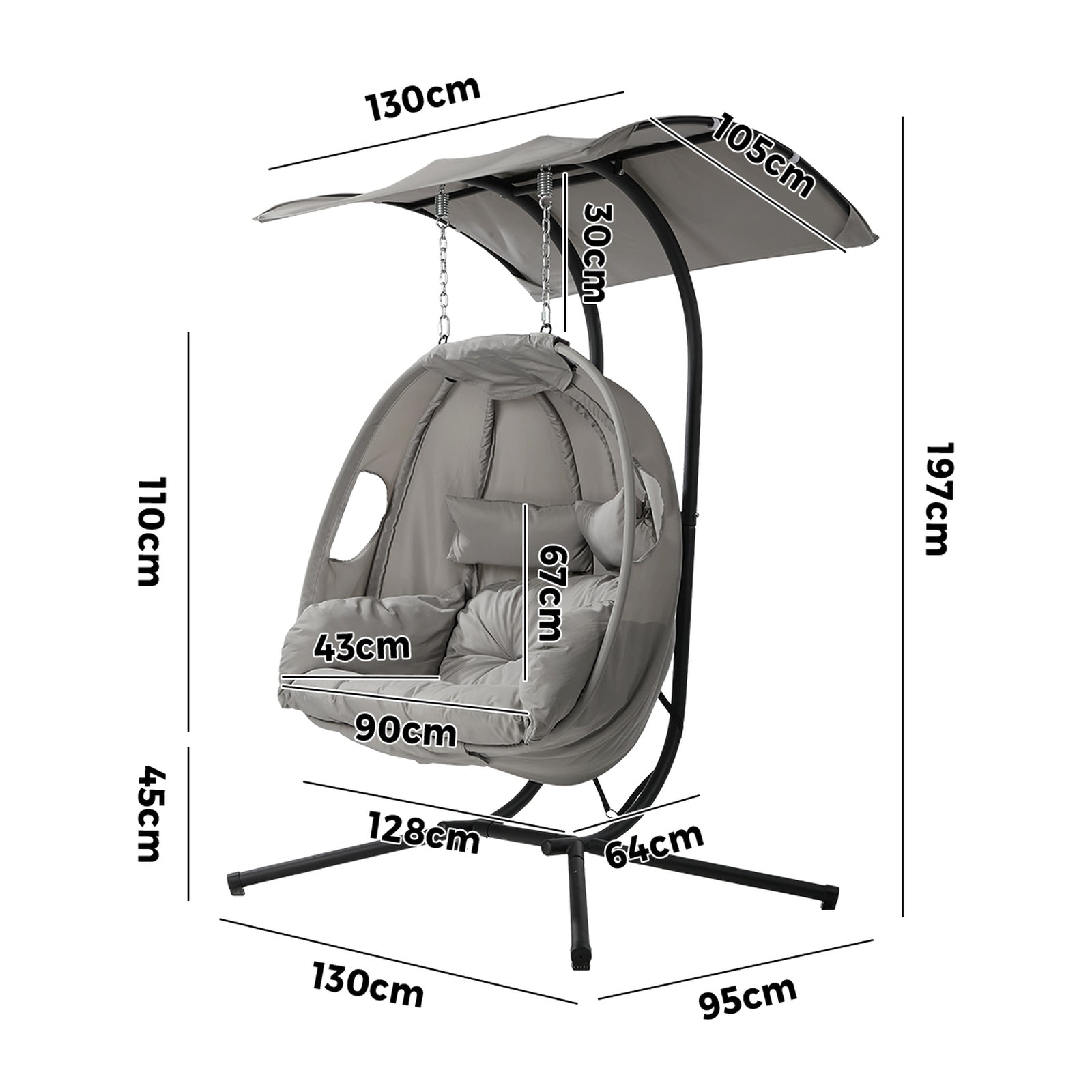 Livsip Egg Swing Chair 2 Seater Patio Lounge with Adjustable Canopy Grey