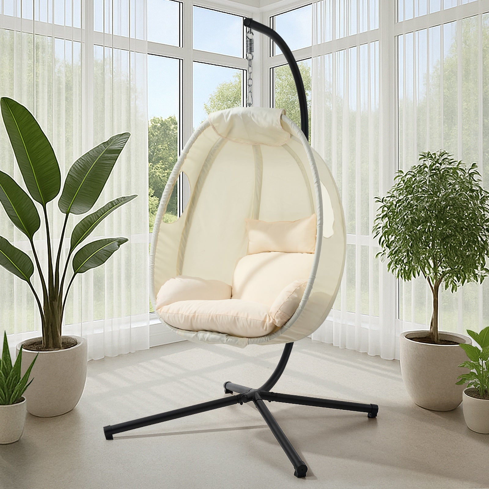 Livsip Outdoor Egg Hanging Chair Swing Seat Furniture with Stand Cushions Beige - Sunyee