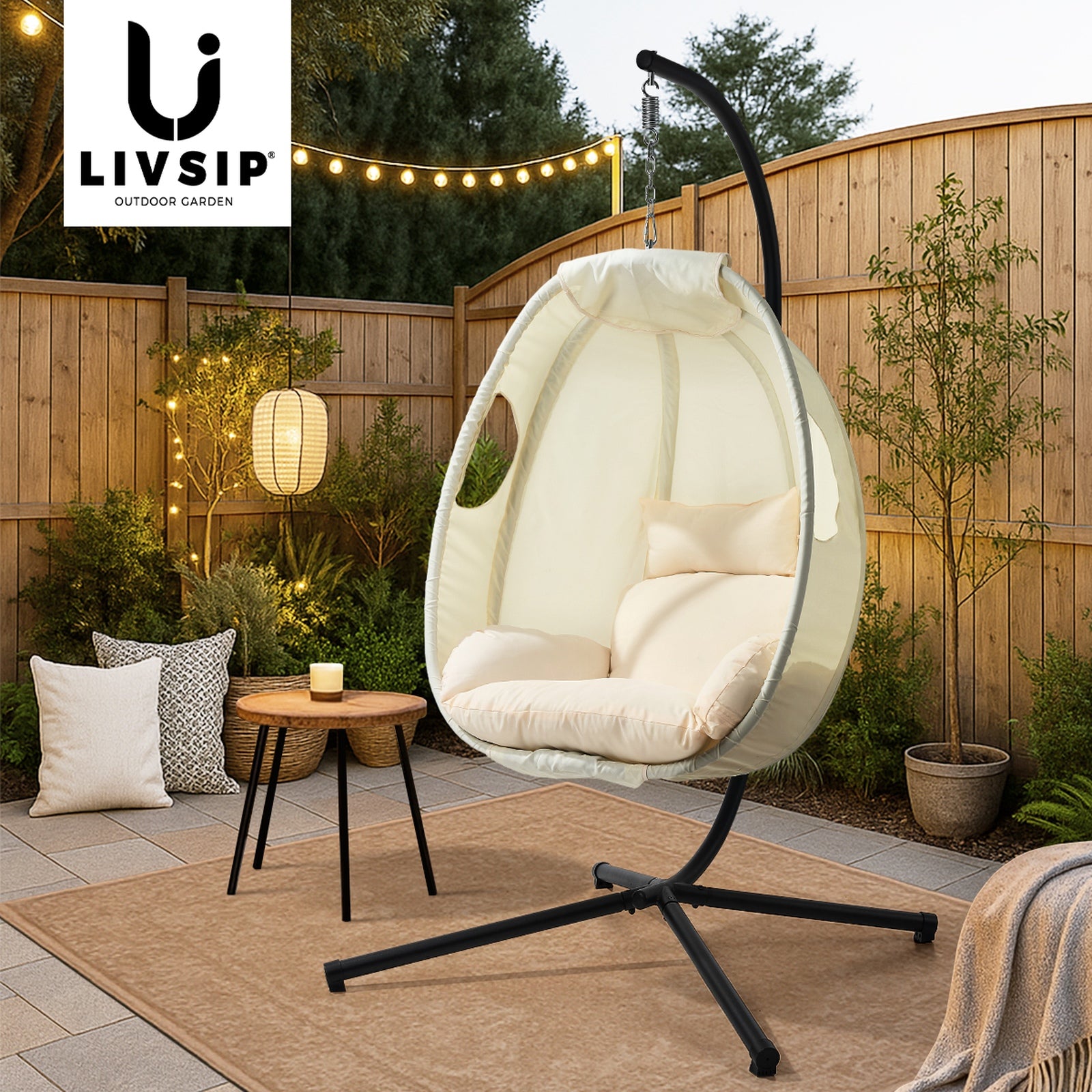 Livsip Outdoor Egg Hanging Chair Swing Seat Furniture with Stand Cushions Beige - Sunyee