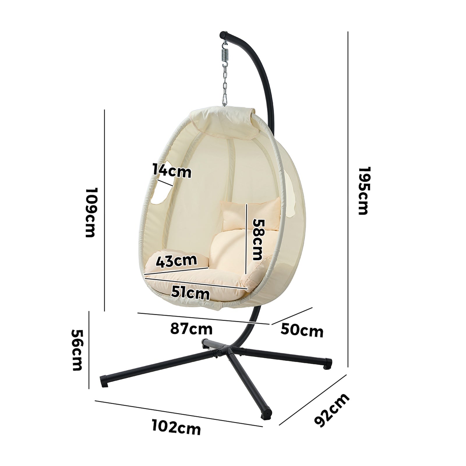 Livsip Outdoor Egg Hanging Chair Swing Seat Furniture with Stand Cushions Beige - Sunyee