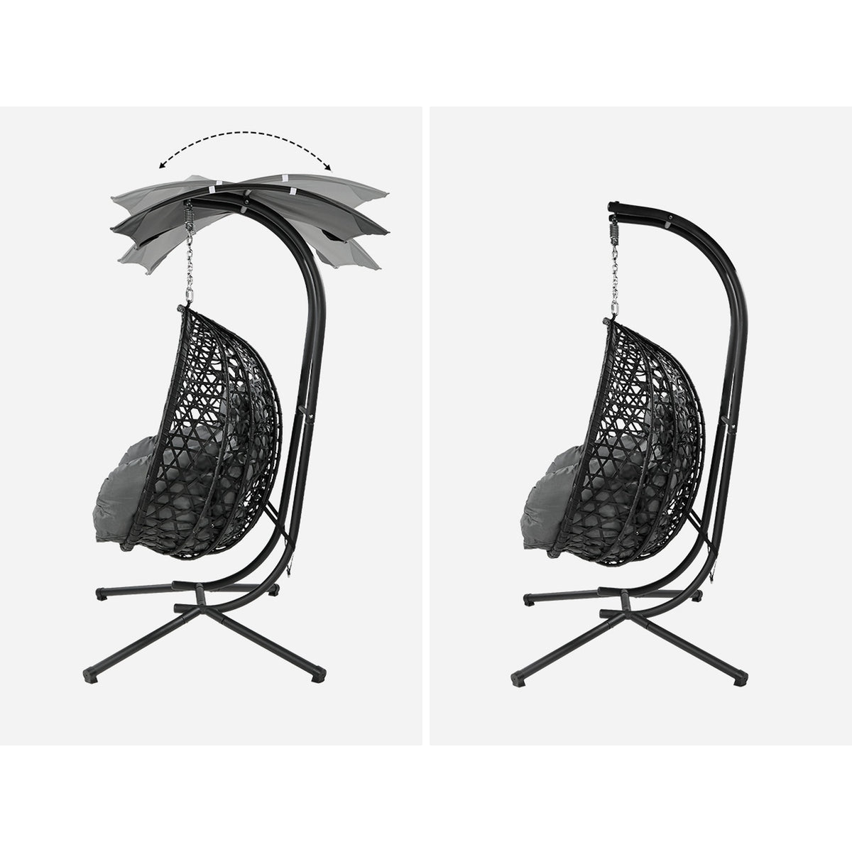 Livsip Egg Swing Chair 2 Seater Rattan Steel Frame with Adjustable Canopy Black