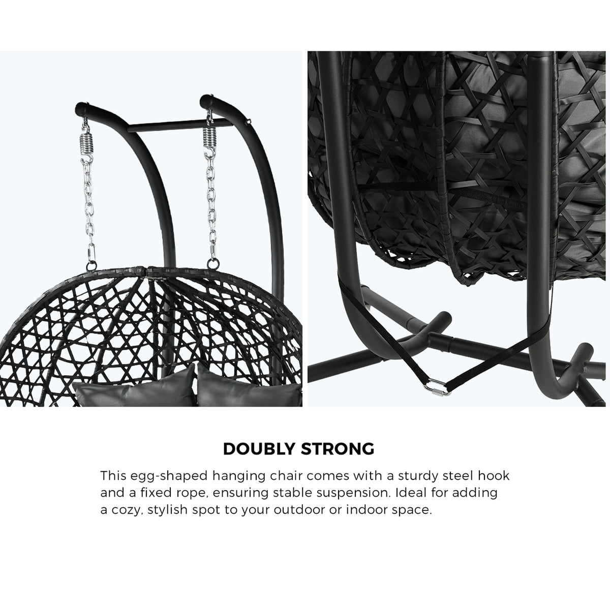 Livsip Egg Swing Chair 2 Seater Rattan Steel Frame with Adjustable Canopy Black
