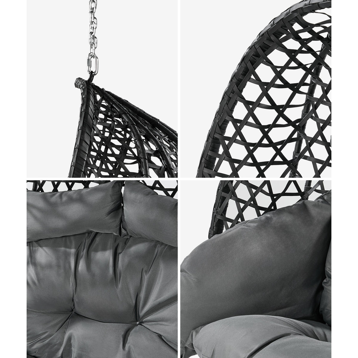 Livsip Egg Swing Chair 2 Seater Rattan Steel Frame with Adjustable Canopy Black