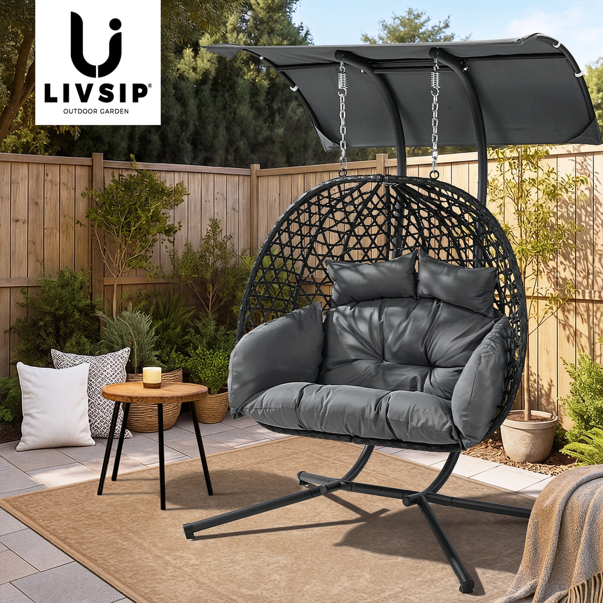 Livsip Egg Swing Chair 2 Seater Rattan Steel Frame with Adjustable Canopy Black