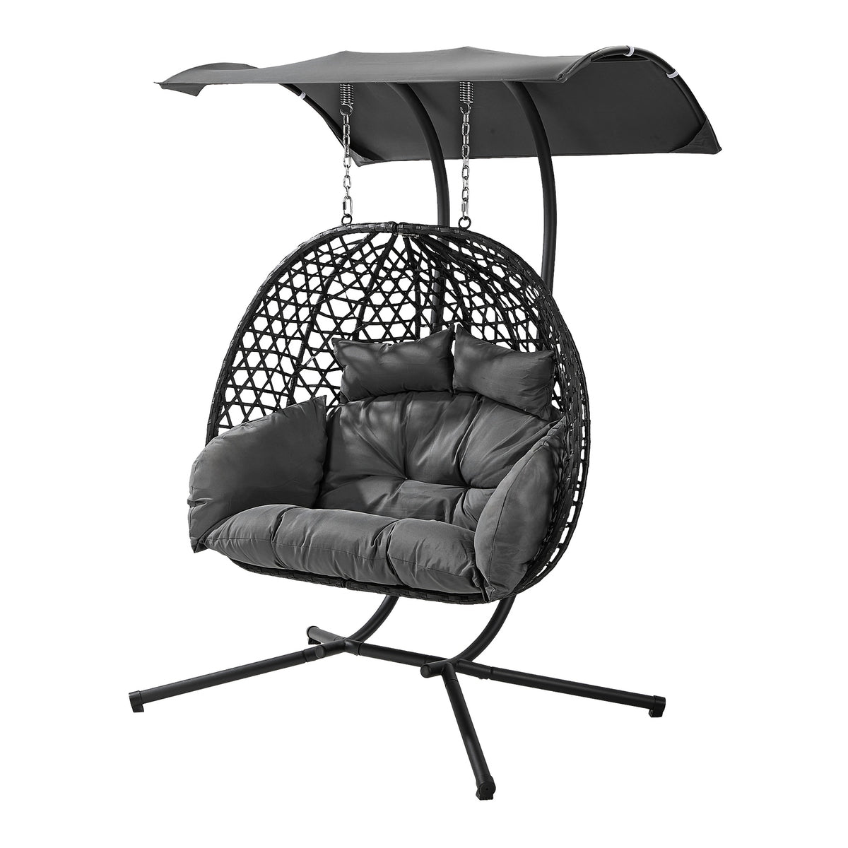 Livsip Egg Swing Chair 2 Seater Rattan Steel Frame with Adjustable Canopy Black