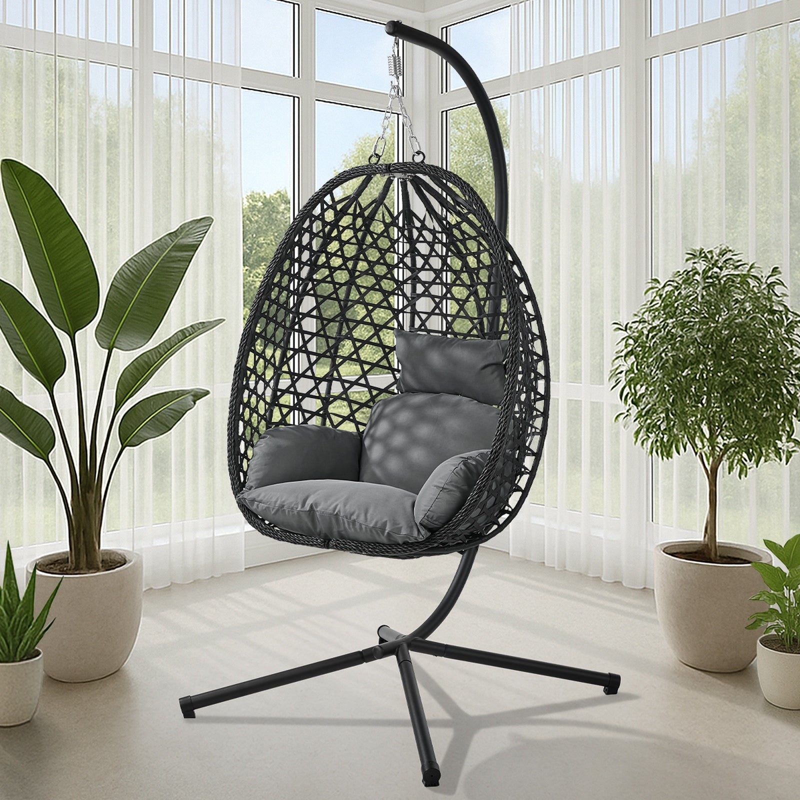 Livsip Outdoor Egg Hanging Chair with Stand Rattan Garden Swing Seat Black