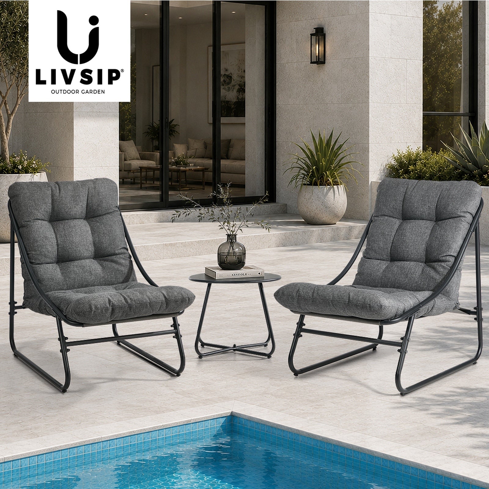 Livsip 3 Pieces Outdoor Patio Set Chair Table Lounge Setting Textilene Grey