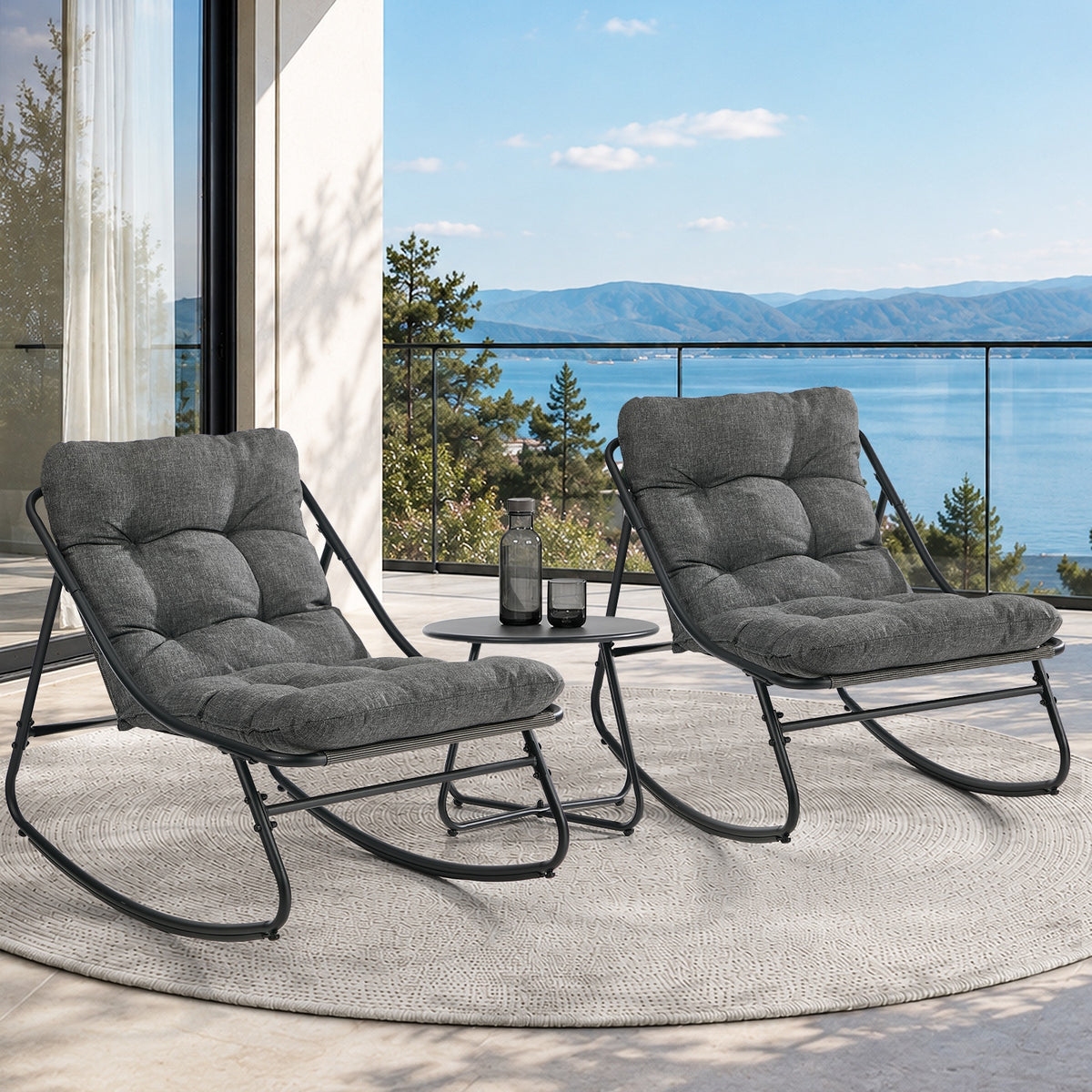 Livsip 3 Pieces Outdoor Patio Set Rocking Chair Table Textilene Lounge Grey