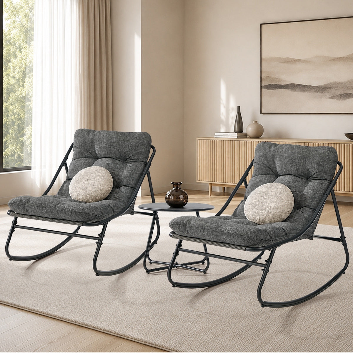 Livsip 3 Pieces Outdoor Patio Set Rocking Chair Table Textilene Lounge Grey