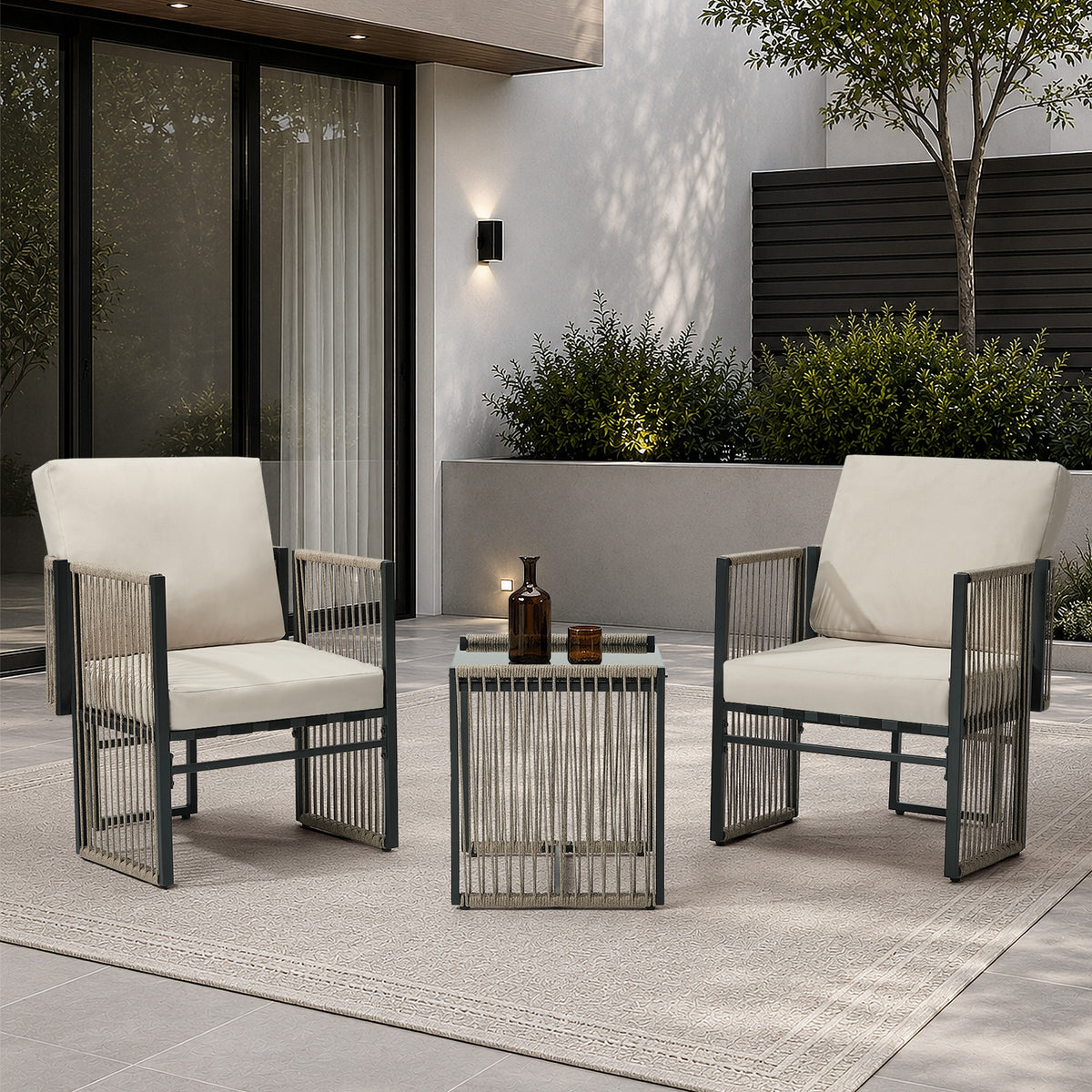 Oikiture 3 Pieces Outdoor Patio Set Bistro Setting with Cushions Woven Rope
