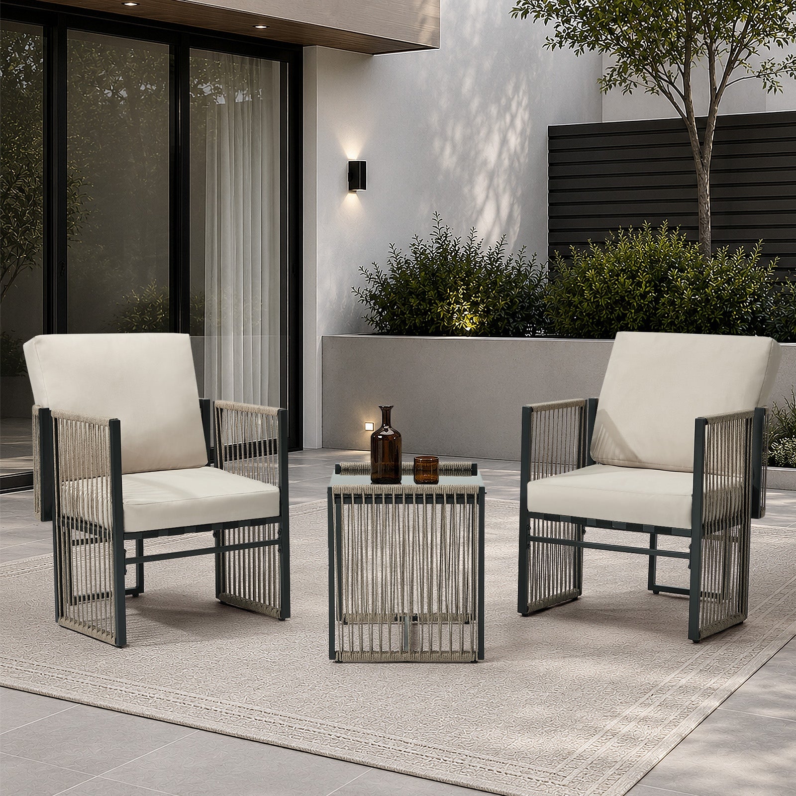 Oikiture 3 Pieces Outdoor Patio Set Bistro Setting with Cushions Woven Rope
