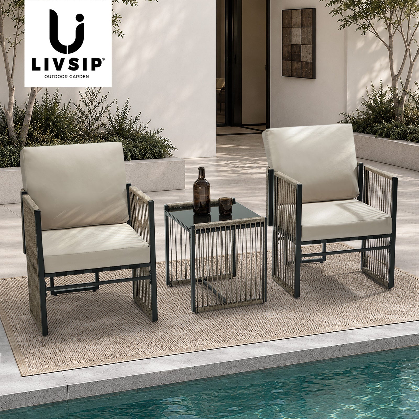 Oikiture 3 Pieces Outdoor Patio Set Bistro Setting with Cushions Woven Rope