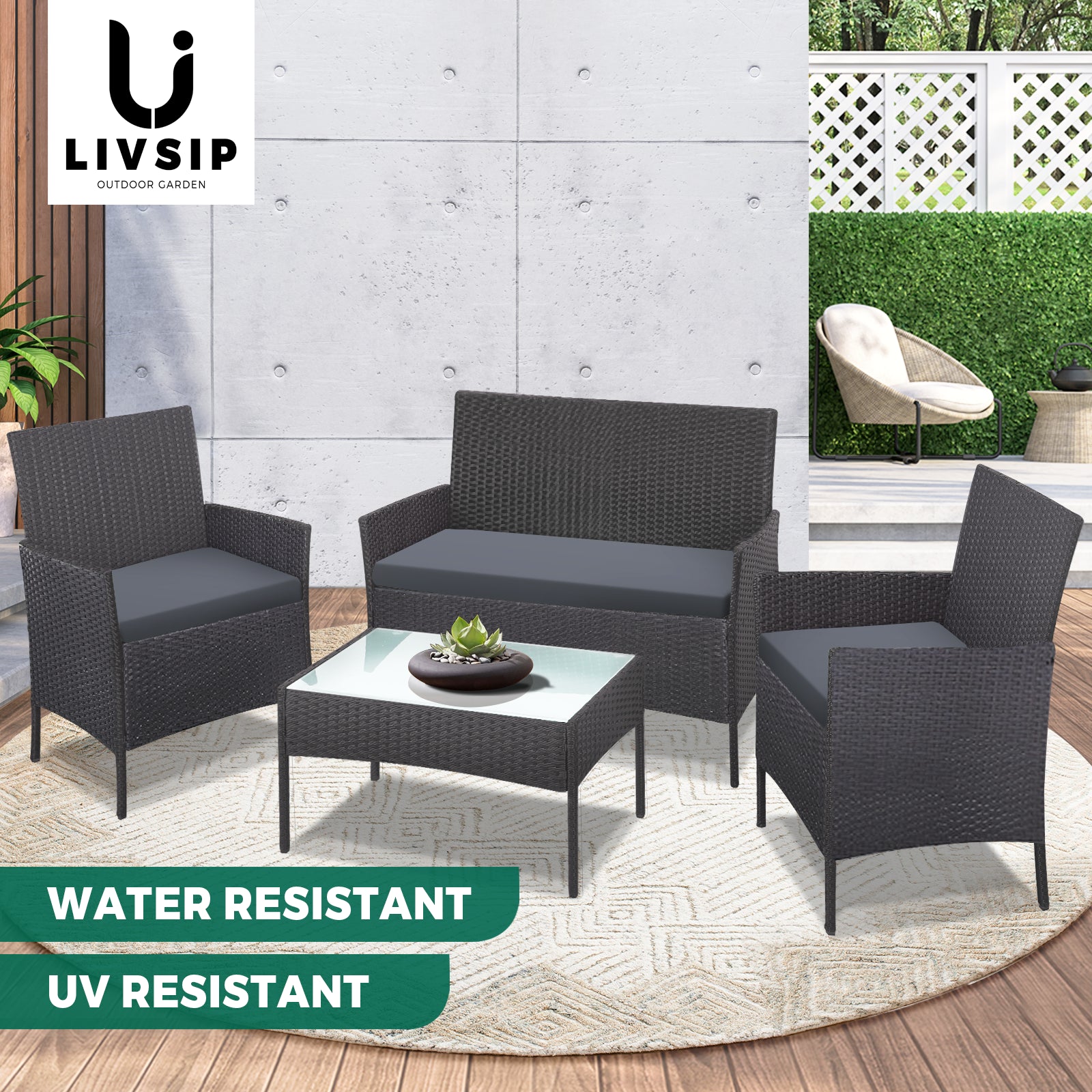Livsip Outdoor Furniture Setting 4-Piece Lounge Dining Set Wicker Garden Patio - Sunyee