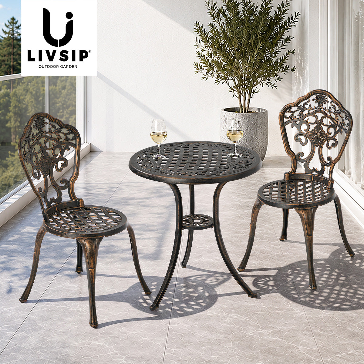 Livsip 3 Piece Outdoor Patio Set Bistro Setting Garden Furniture Bronze
