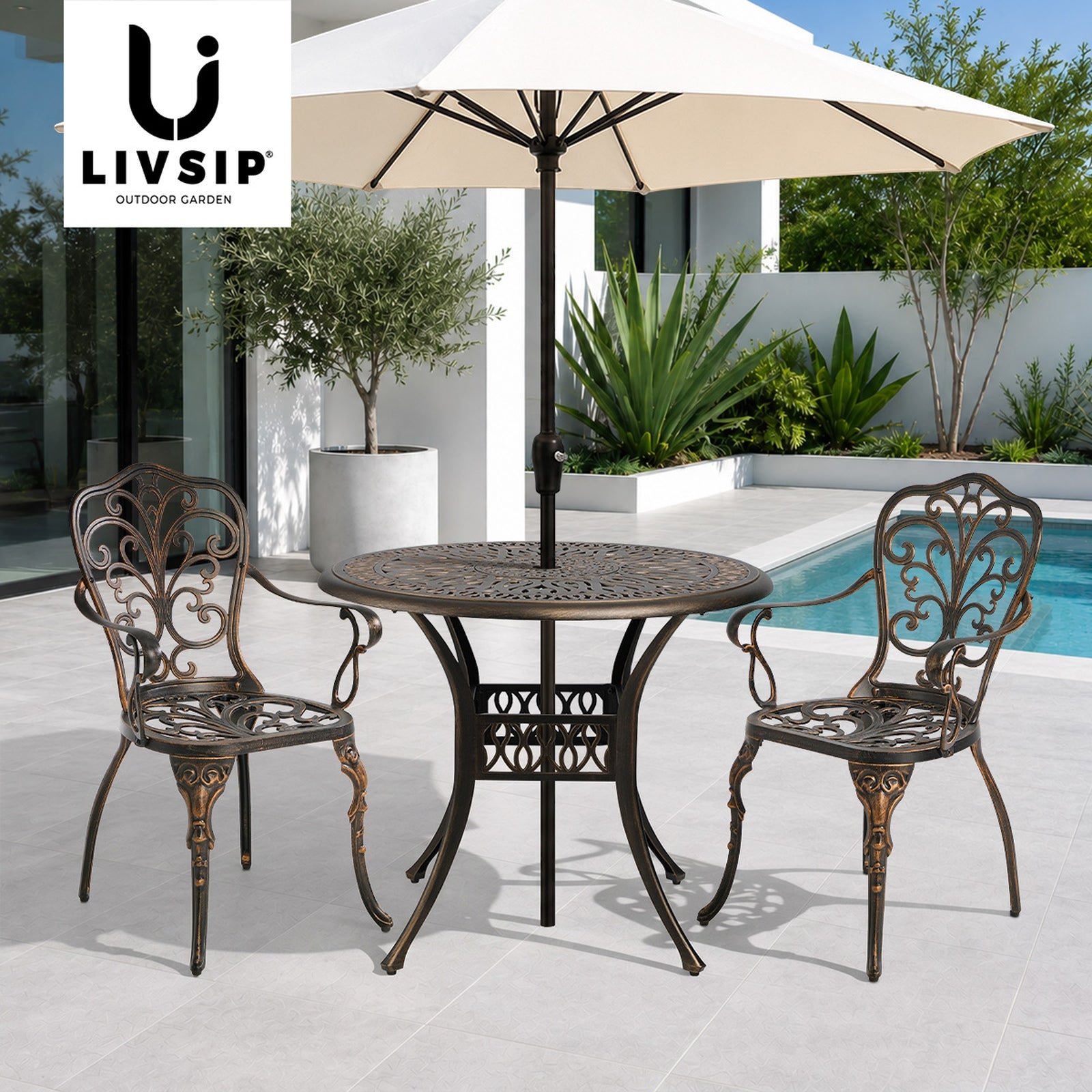 Livsip 3 Piece Outdoor Patio Set Table Chairs Bistro Cast Aluminium Furniture