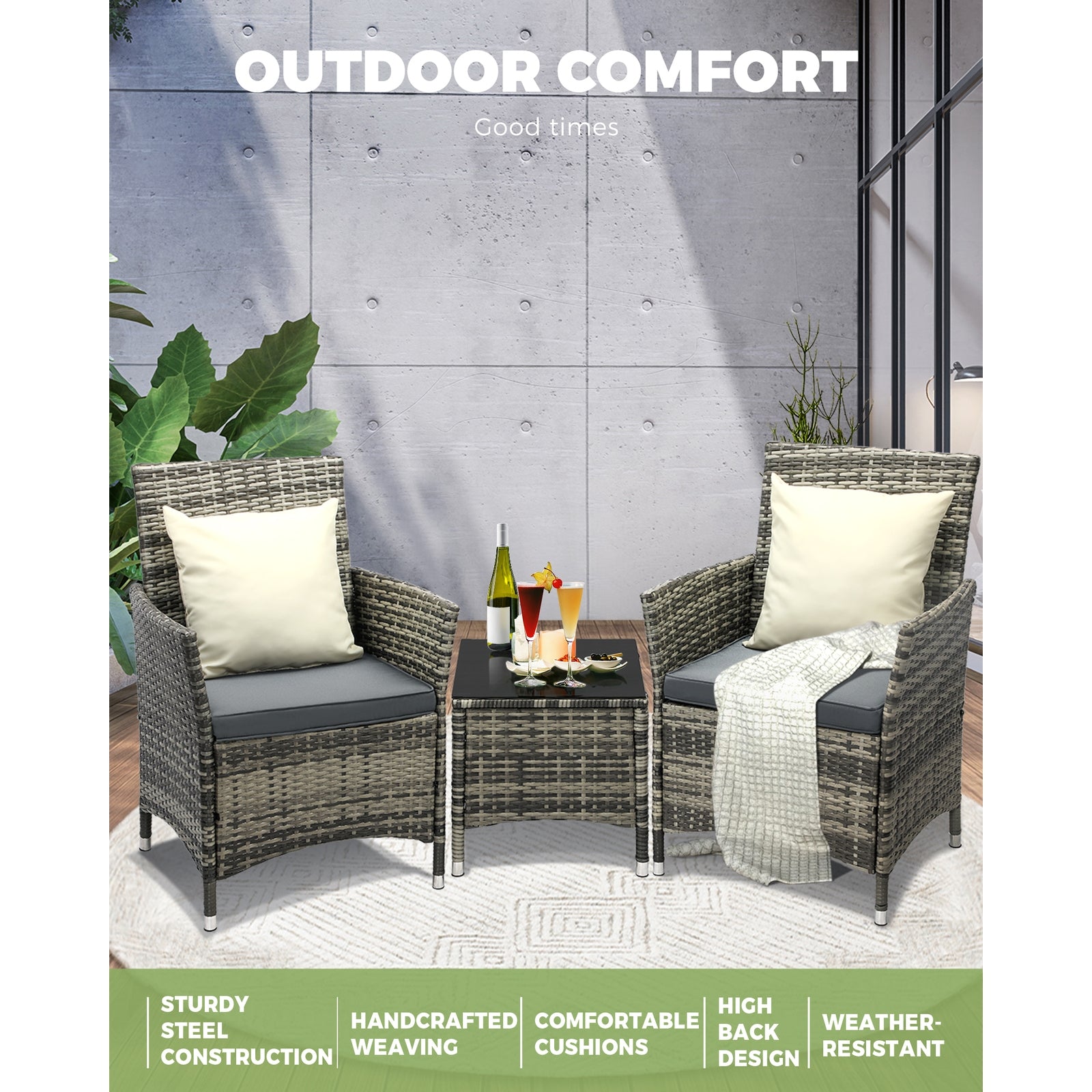 Livsip Outdoor Furniture Setting 3 Piece Wicker Bistro Set Patio Chairs Table - Sunyee