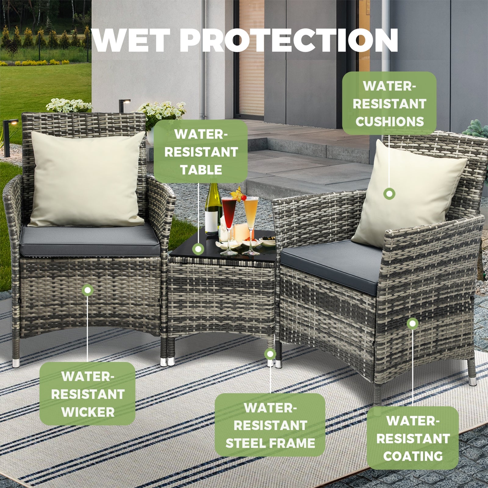 Livsip Outdoor Furniture Setting 3 Piece Wicker Bistro Set Patio Chairs Table - Sunyee