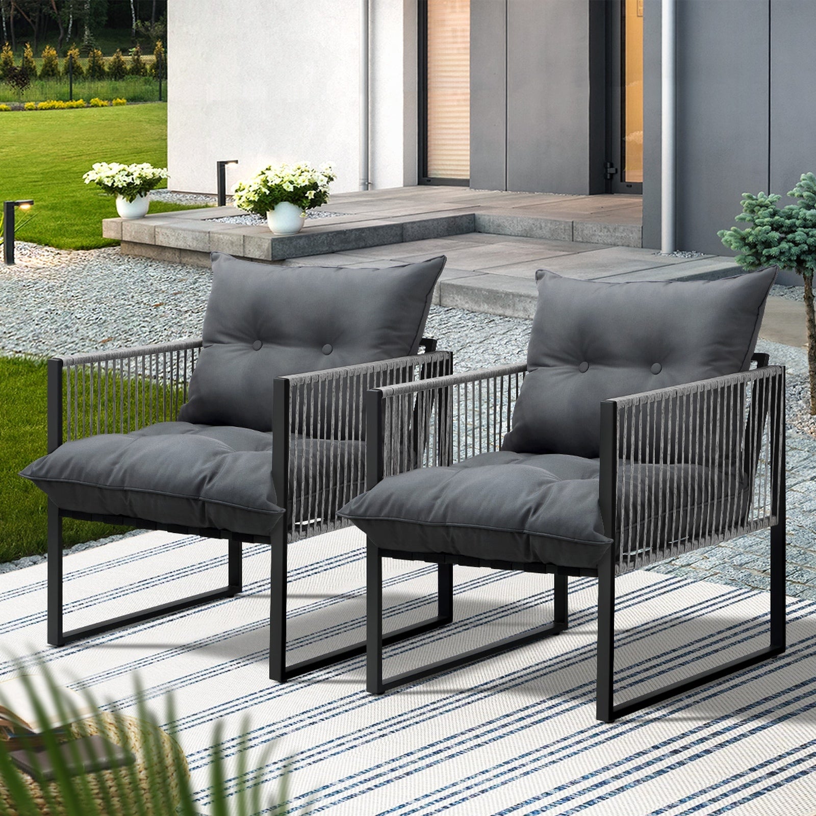 Livsip 2PCS Outdoor Furniture Patio Chairs Garden Lounge Sofa Set PE Wicker Grey - Sunyee