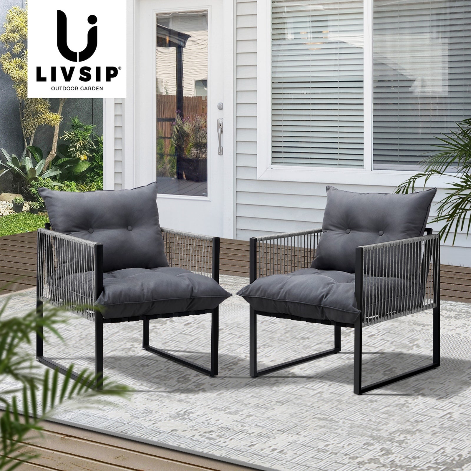 Livsip 2PCS Outdoor Furniture Patio Chairs Garden Lounge Sofa Set PE Wicker Grey - Sunyee