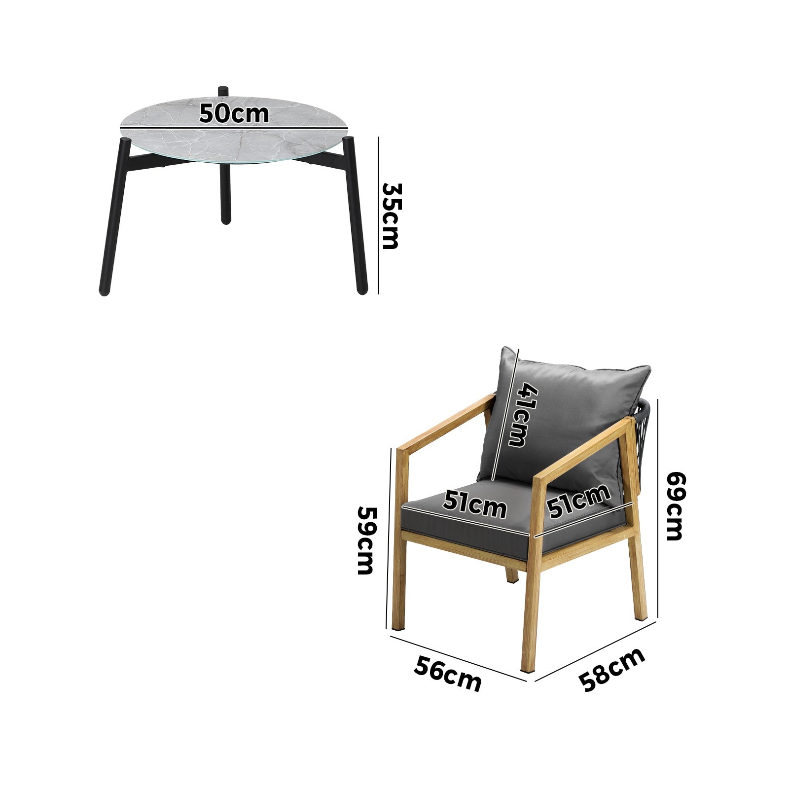 Livsip 3PCS Outdoor Patio Setting Furniture Lounge Set Grey 50cm Coffee Table - Sunyee