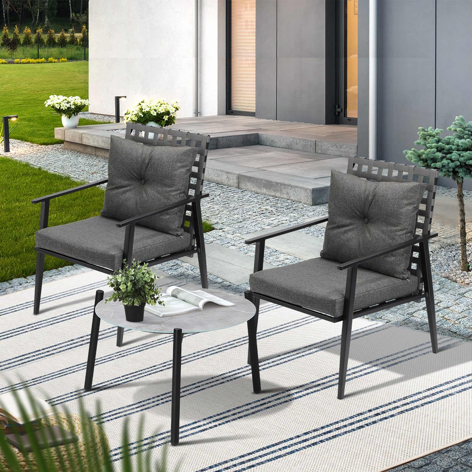 Livsip Outdoor Patio Set 3pc Lounge Sets 50CM Grey Marble Table Rattan Chairs - Sunyee