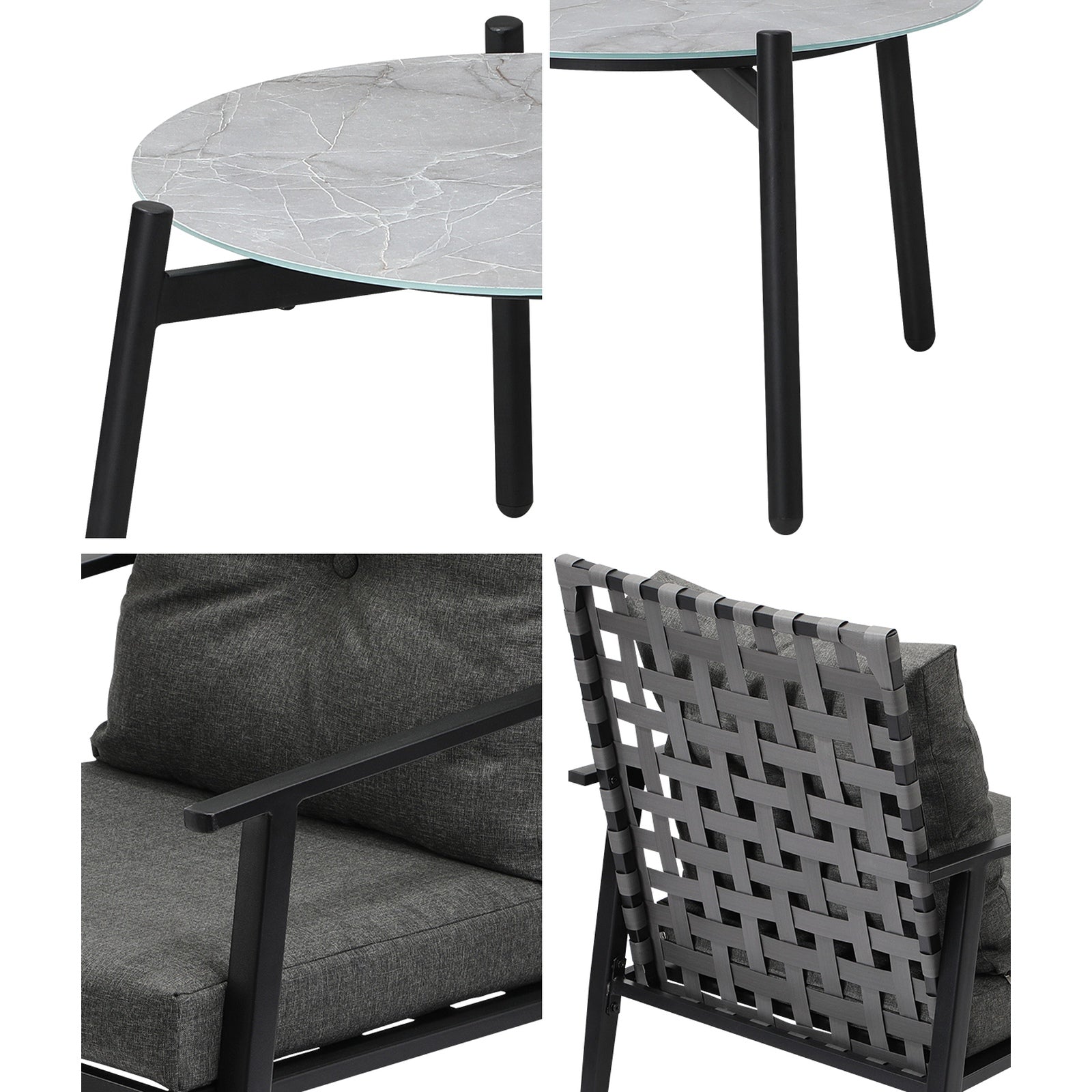 Livsip Outdoor Patio Set 3pc Lounge Sets 50CM Grey Marble Table Rattan Chairs - Sunyee