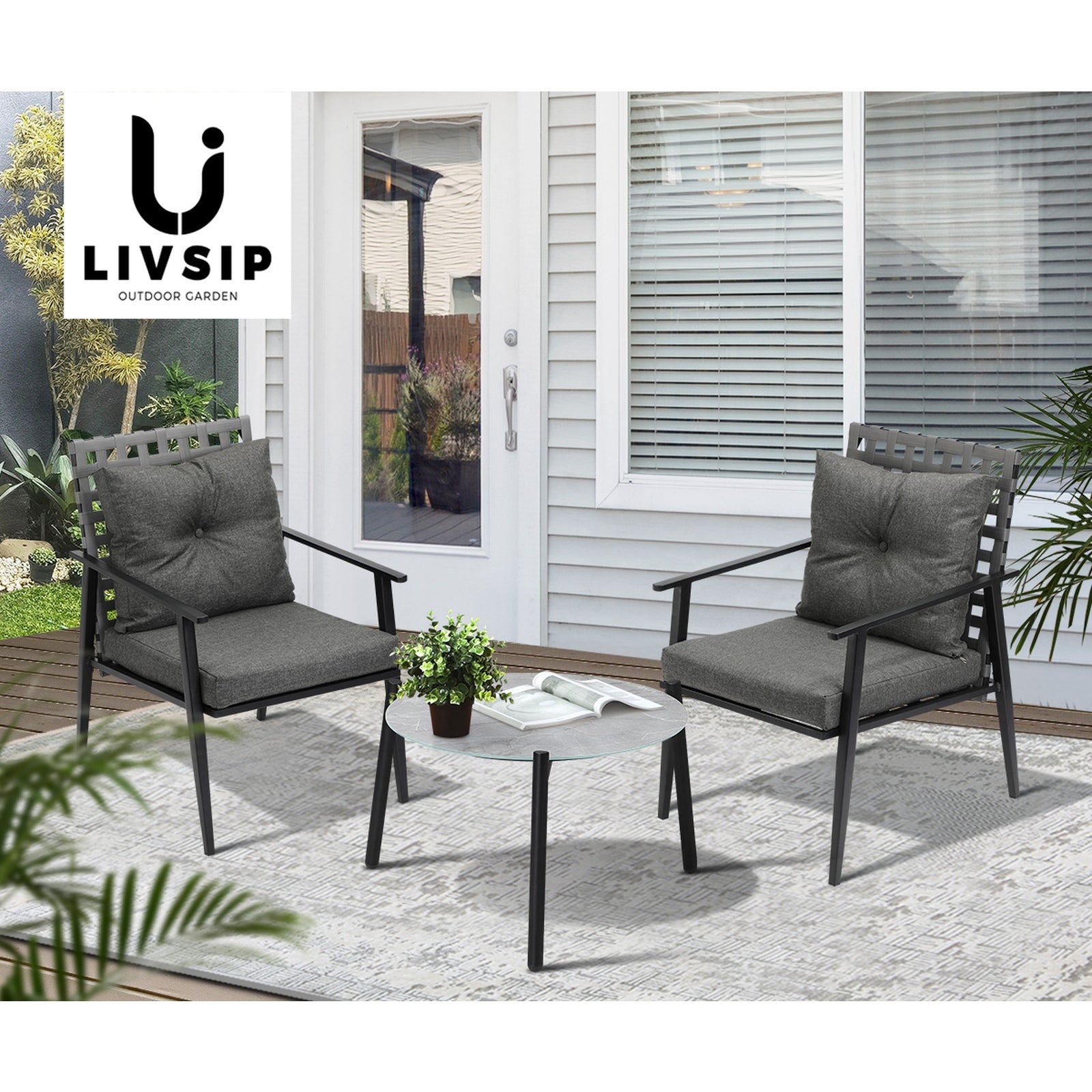 Livsip Outdoor Patio Set 3pc Lounge Sets 50CM Grey Marble Table Rattan Chairs - Sunyee