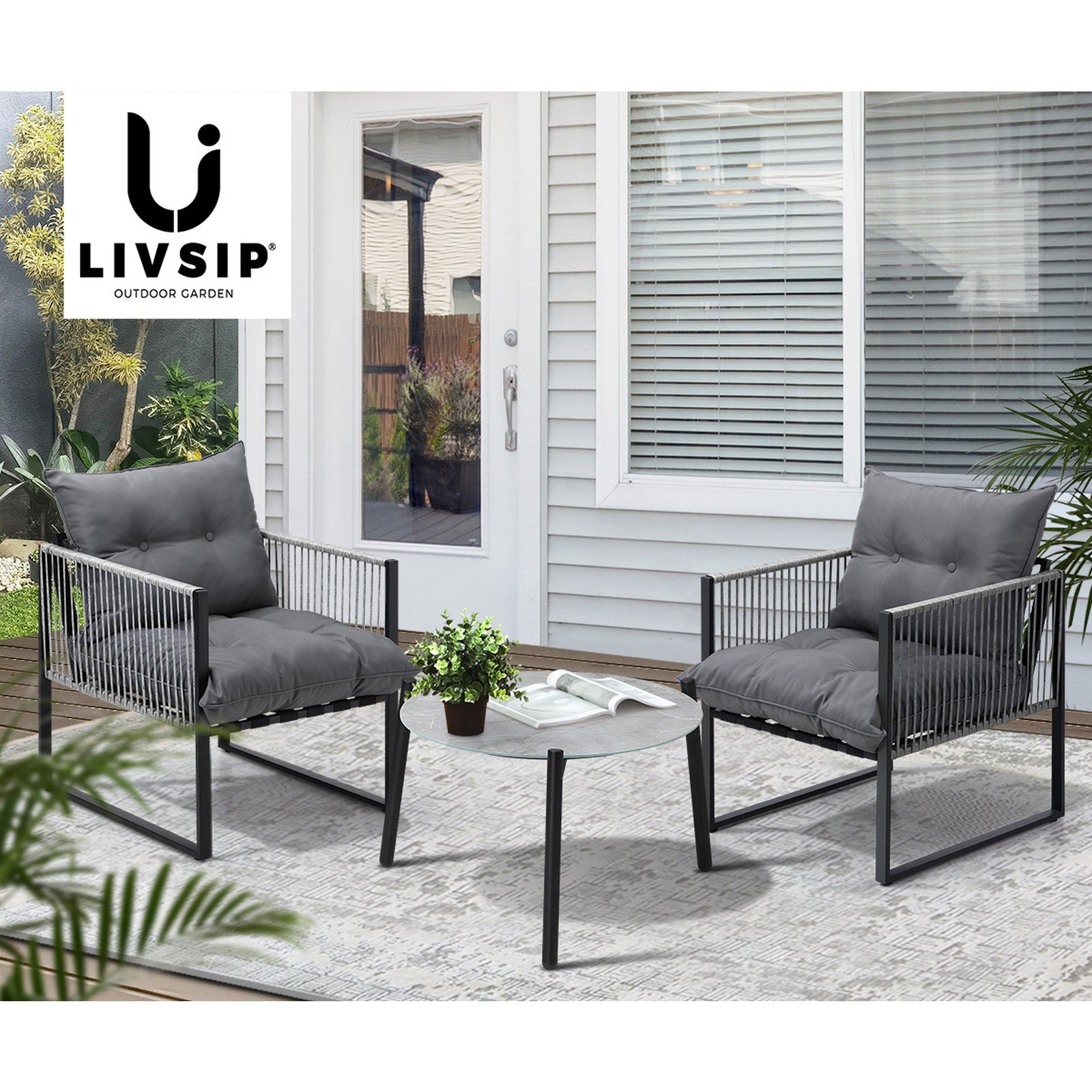 Livsip 3PCS Outdoor Patio Setting Table Chairs Grey 50cm Coffee Table - Sunyee