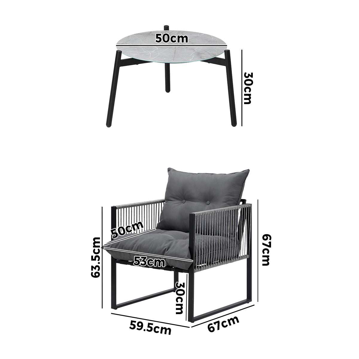 Livsip 3PCS Outdoor Patio Setting Table Chairs Grey 50cm Coffee Table - Sunyee