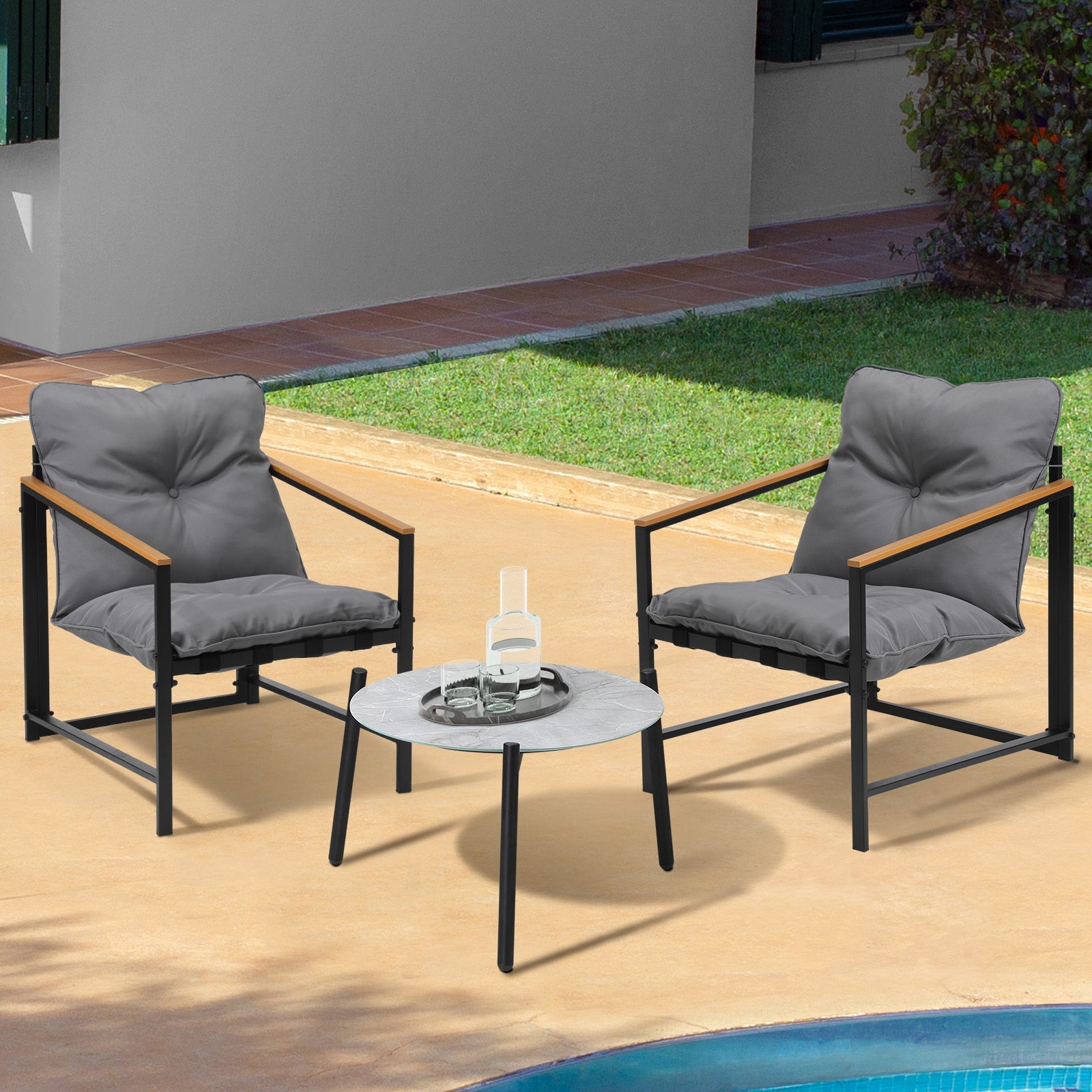 Livsip 3PC Outdoor Patio Furniture Set Bistro Sets 50CM Round Grey Marble Table - Sunyee